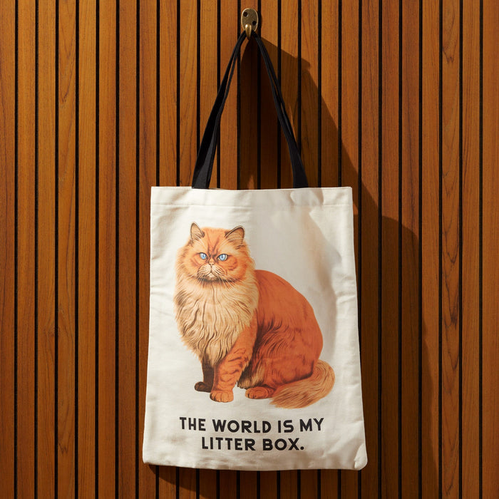 The Moody Cats Canvas Tote by Brass Monkey hangs on a wooden wall. With black handles, it features a fluffy orange cat and THE WORLD IS MY LITTER BOX. text below for a playful look.