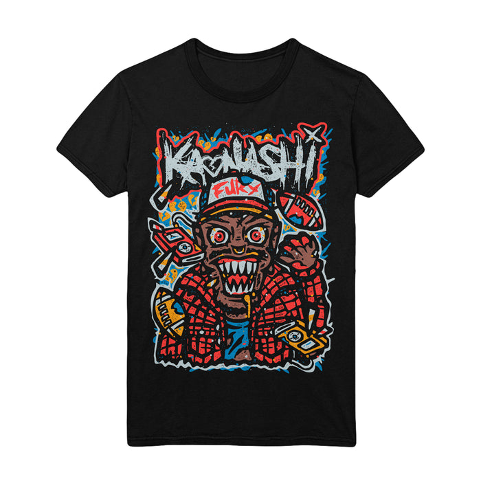 A black shirt with colorful Comic book style image, with the band name "Kaonashi". Underneath is an image of a monster with sharp teeth wearing a trucker had and red flannel. Surrounding the monster are images of footballs and mp3 players.