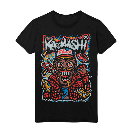 A black shirt with colorful Comic book style image, with the band name "Kaonashi". Underneath is an image of a monster with sharp teeth wearing a trucker had and red flannel. Surrounding the monster are images of footballs and mp3 players.