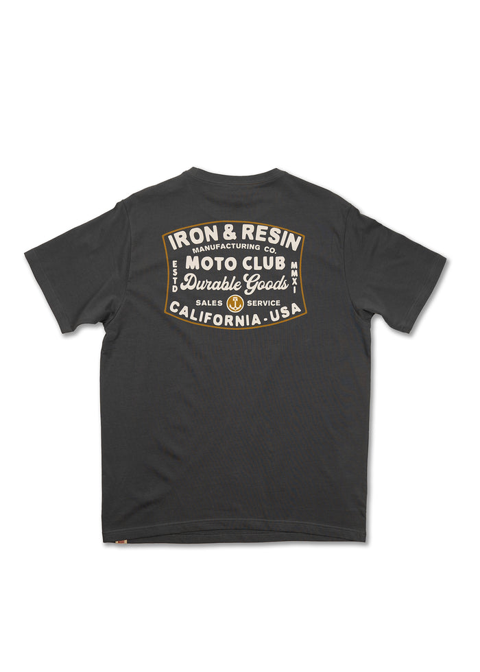 Black T-shirt with "Iron & Resin Moto Club" and "Durable Goods" text in white, highlighting California, USA origins.
