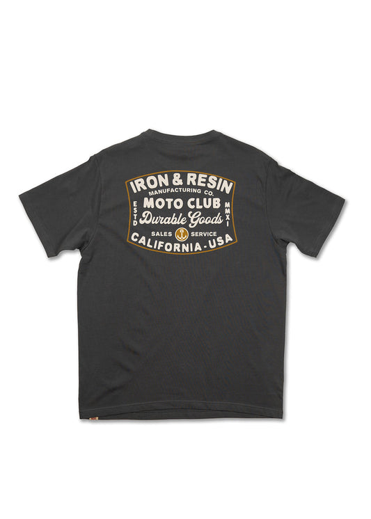 Black T-shirt with "Iron & Resin Moto Club" and "Durable Goods" text in white, highlighting California, USA origins.