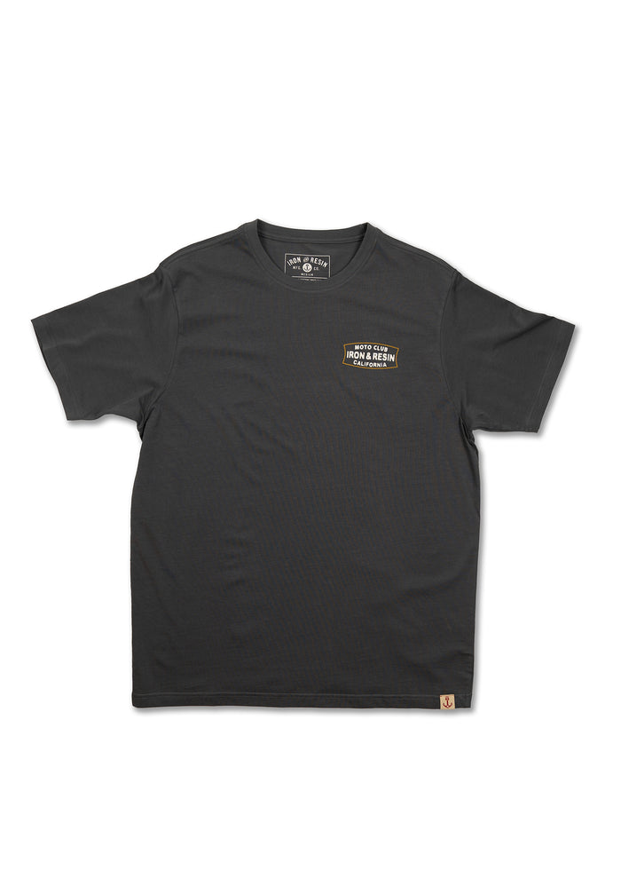 Black t-shirt with "Moto Club Iron & Resin California" logo on chest, displayed on a white background. Simple and stylish design.