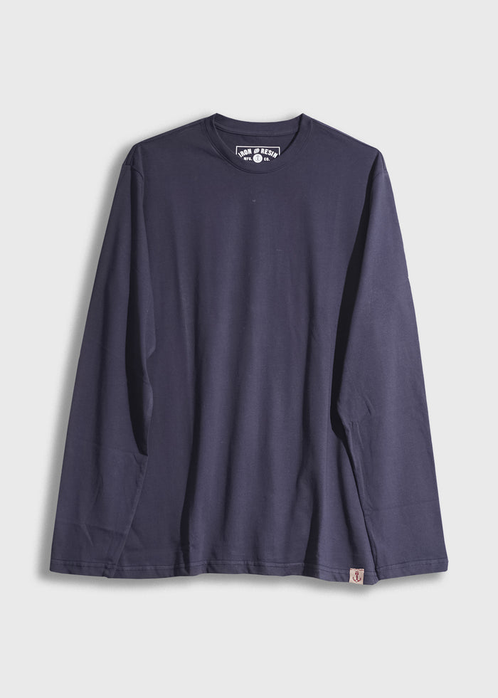 Navy blue long-sleeve shirt with a crew neck, displayed on a white background. Simple design, casual style.