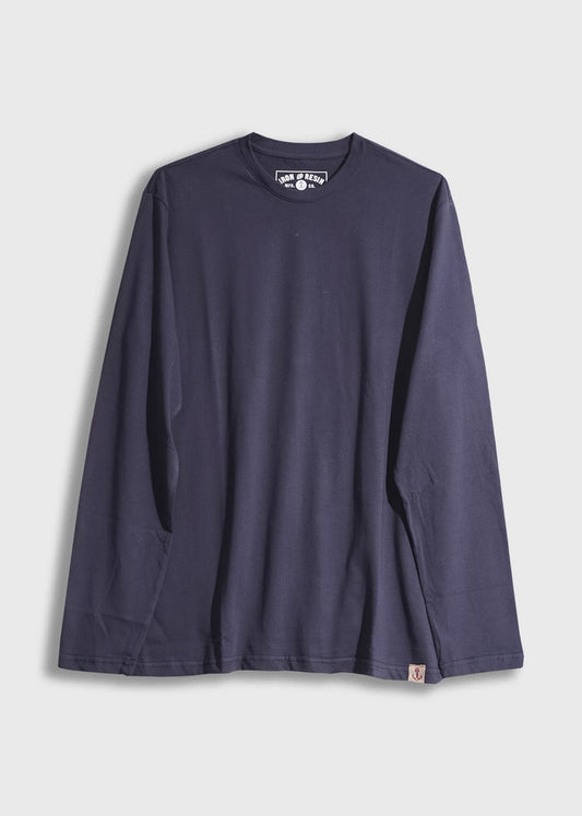 Navy blue long-sleeve shirt with a crew neck, displayed on a white background. Simple design, casual style.