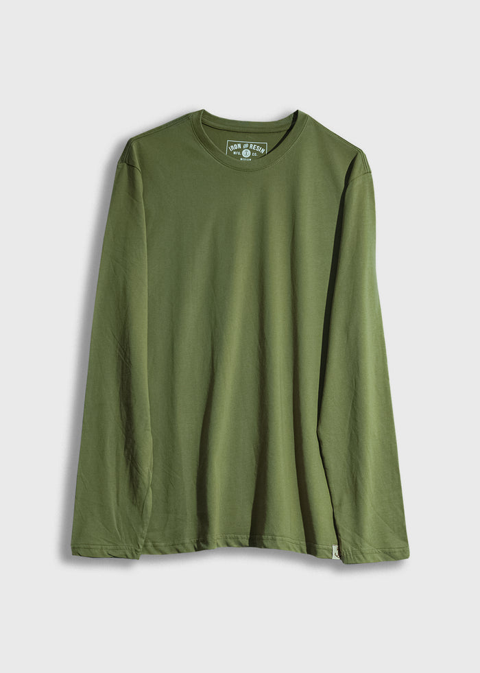 Green long-sleeve shirt with a round neckline, displayed on a white background. The label reads "Iron and Resin."