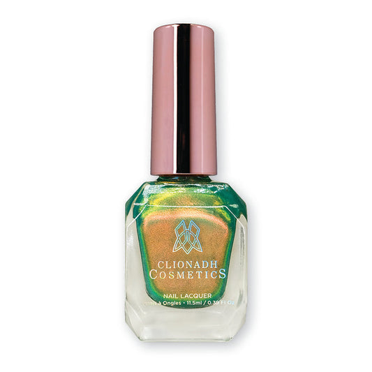 Mural nail lacquer bottle in front of a white background.