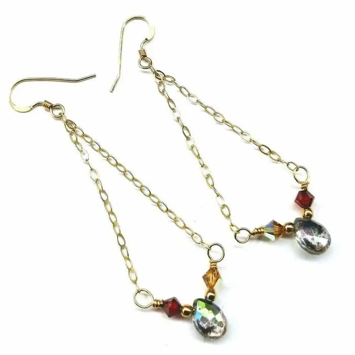 mystic rainbow quartz drop gold filled earrings featuring intricate chain and colorful gemstones accent.