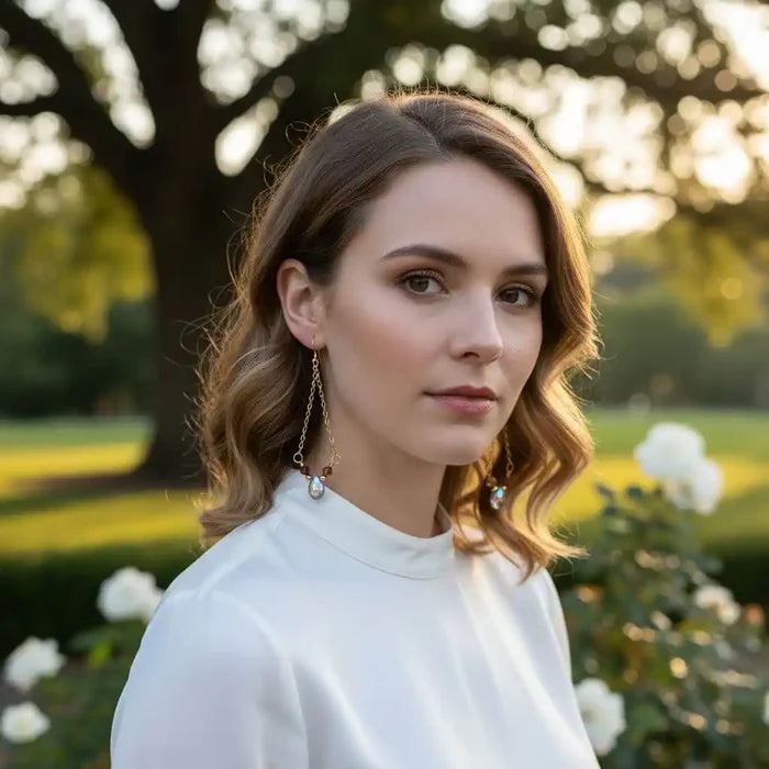 Model wearing mystic rainbow quartz drop gold filled earrings in an outdoor setting with roses and soft sunlight.