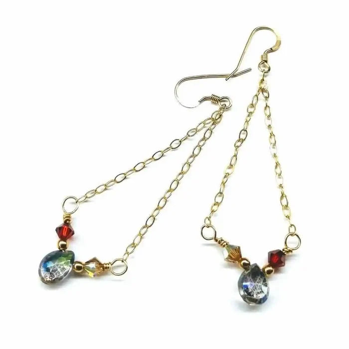 Stunning mystic rainbow quartz drop gold filled earrings with Swarovski crystals and gold chains.