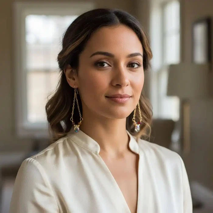 A model wearing mystic rainbow quartz drop gold filled earrings, showcasing their vibrant colors and elegant design.