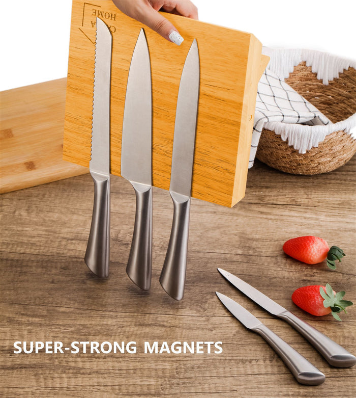 Natural Bamboo Magnetic Knife Block Holder with Strong Magnets for Home Kitchen Storage & Organisation -Home Living Store - -