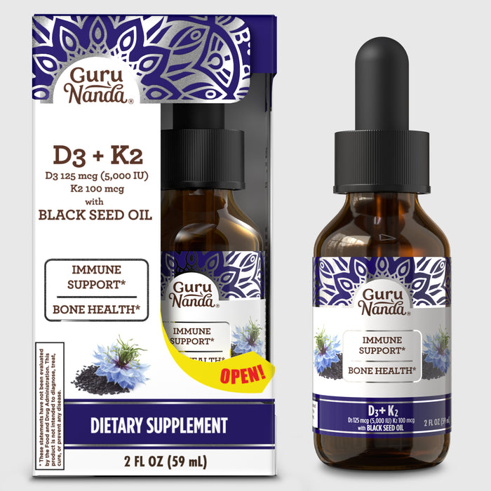 GuruNanda Cold Pressed Black Seed Oil with Vitamin D3, K2, and E, 2 fl oz dietary supplement for immune support and bone health