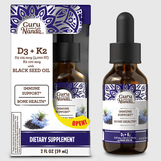 GuruNanda Cold Pressed Black Seed Oil with Vitamin D3, K2, and E, 2 fl oz dietary supplement for immune support and bone health
