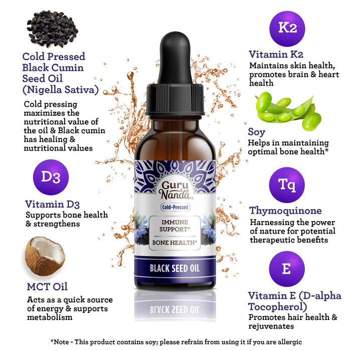 GuruNanda Black Seed Oil ingredient breakdown: cold-pressed black cumin seed oil, MCT oil, Vitamin D3, Vitamin K2, thymoquinone, and Vitamin E