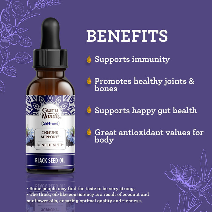 GuruNanda Black Seed Oil benefits: supports immunity, promotes healthy joints and bones, supports gut health, and provides antioxidants