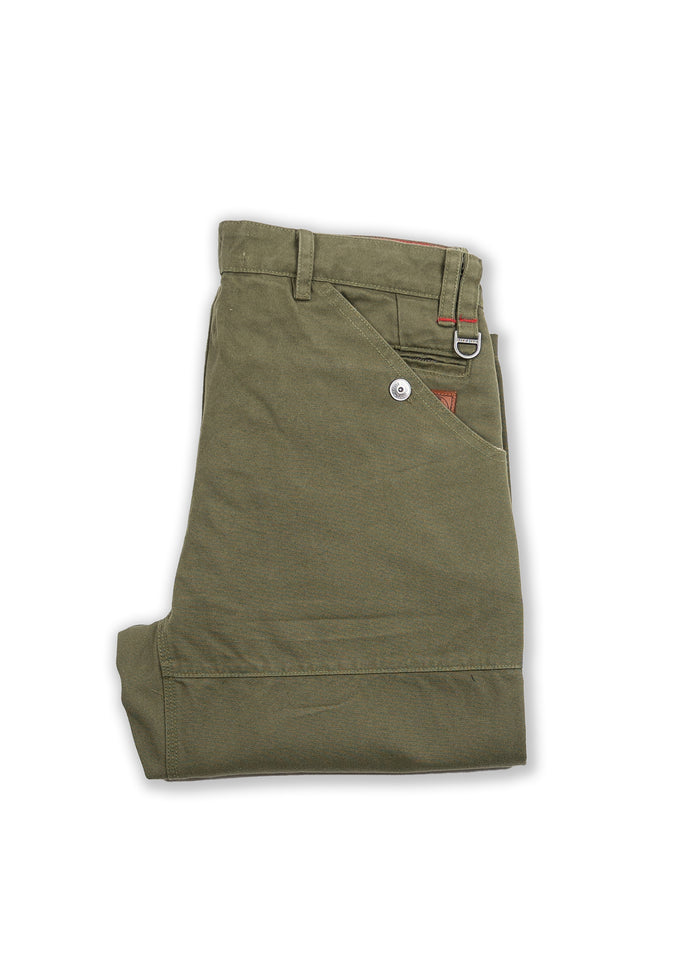 Folded olive green pants with a buttoned pocket and belt loop detail, neatly arranged on a white background.