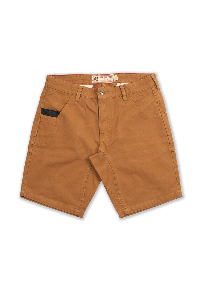 Brown Iron & Resin shorts with a black pocket accent, belt loops, and button closure, displayed on a white background.