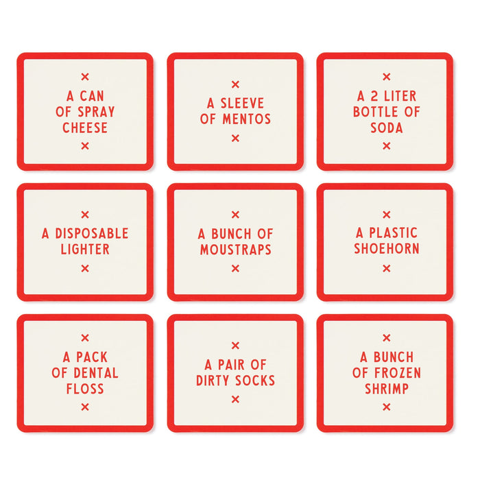 Nine red-bordered cards from Brass Monkeys Not Today, Murder Game show quirky items like spray cheese, Mentos, soda, and a lighter in a 3x3 grid on white—great as hilarious props or for a unique party game experience.