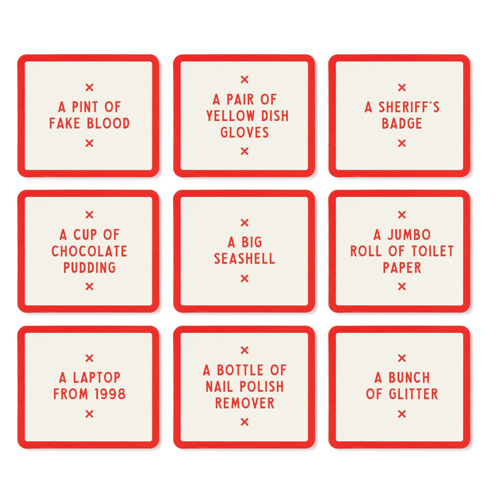 Nine red-bordered cards from Brass Monkey’s Not Today, Murder Game each list a unique item in red text—like fake blood, chocolate pudding, or a sheriff’s badge—ideal props for your next hilarious murder mystery.