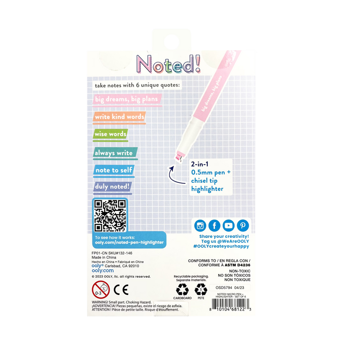 Back of packaging of OOLY Noted! 2-in-1 Micro Fine Tip Pen and Highlighters