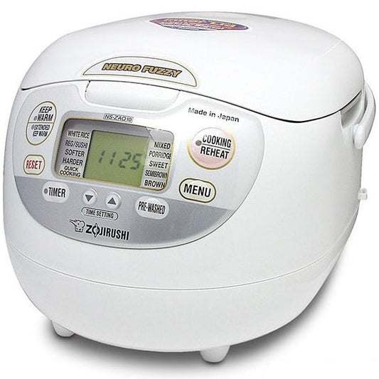 A white Zojirushi rice cooker with a digital display and various cooking settings labeled on the front.