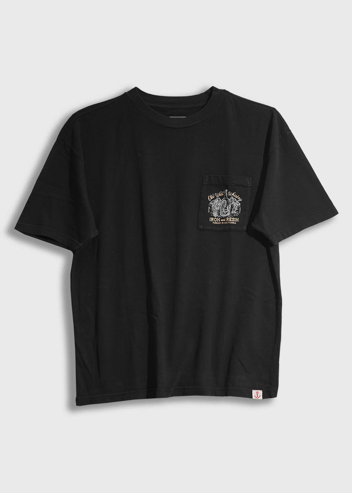 Black T-shirt with a chest pocket featuring a vintage-style "Iron and Resin" graphic, displayed on a light background.