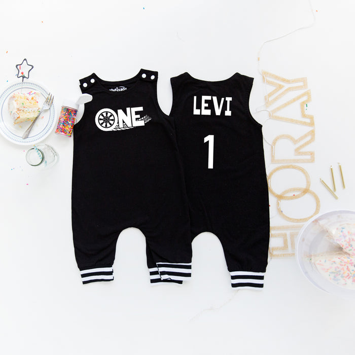 "One" Racecar First Birthday Romper with Striped Cuff