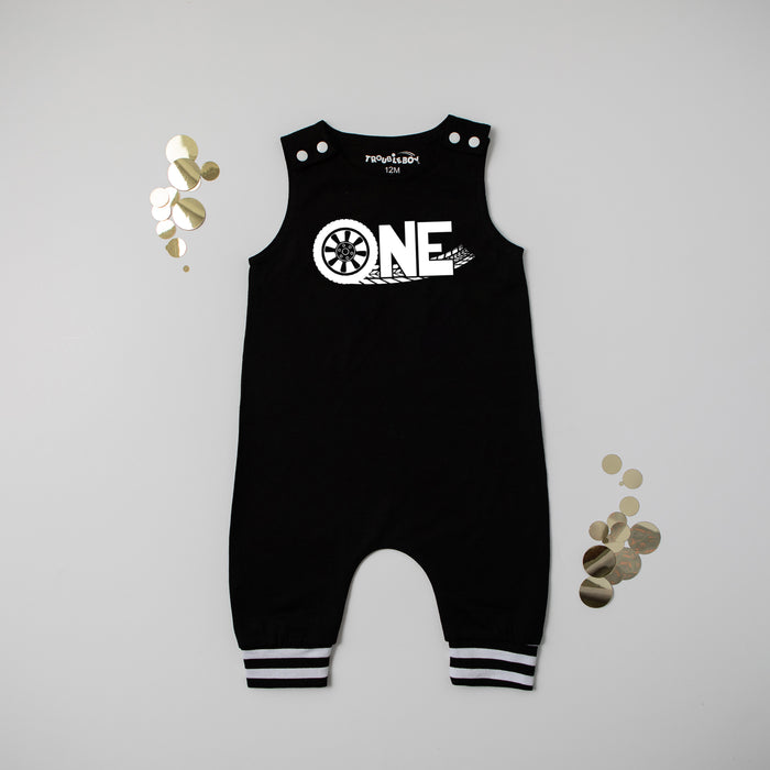 "One" Racecar First Birthday Romper with Striped Cuff