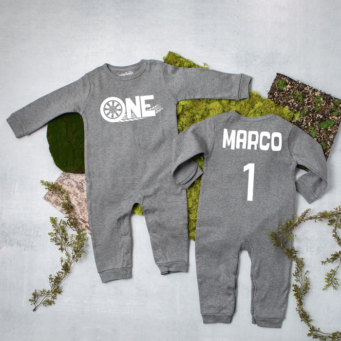 "One" Racecar Themed 1st Birthday Long Sleeve Romper