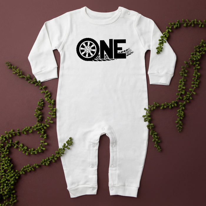 "One" Racecar Themed 1st Birthday Long Sleeve Romper