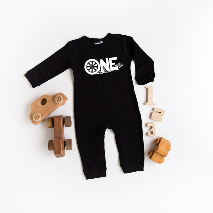 "One" Racecar Themed 1st Birthday Long Sleeve Romper