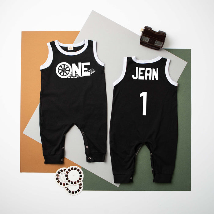 "One" Racecar Themed First Birthday Personalized Ringed Romper
