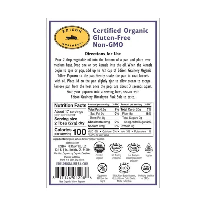 Organic Yellow Popcorn - nutrition info
