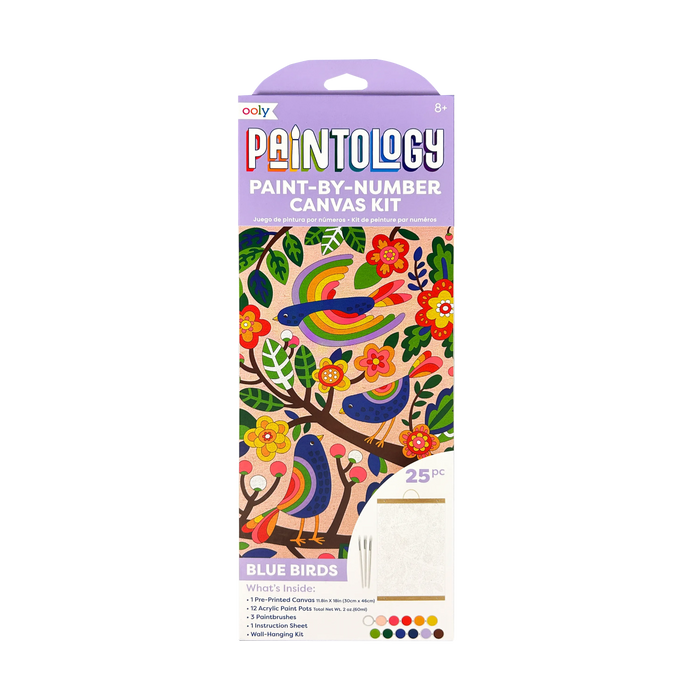 Front of package of OOLY Paintology Paint-By-Number Canvas Kit - Blue Birds
