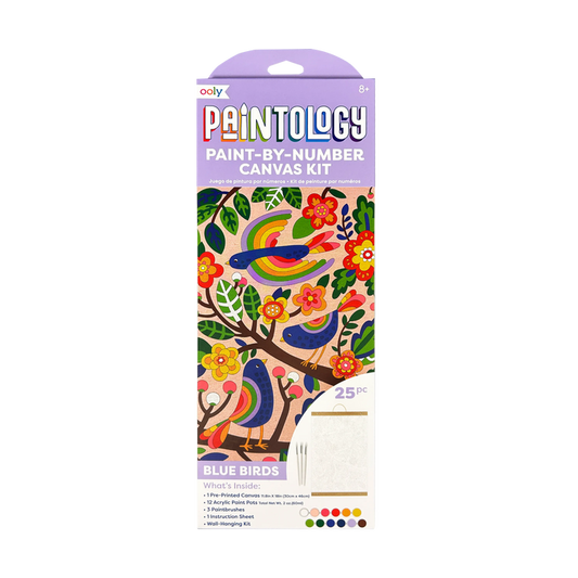 Front of package of OOLY Paintology Paint-By-Number Canvas Kit - Blue Birds