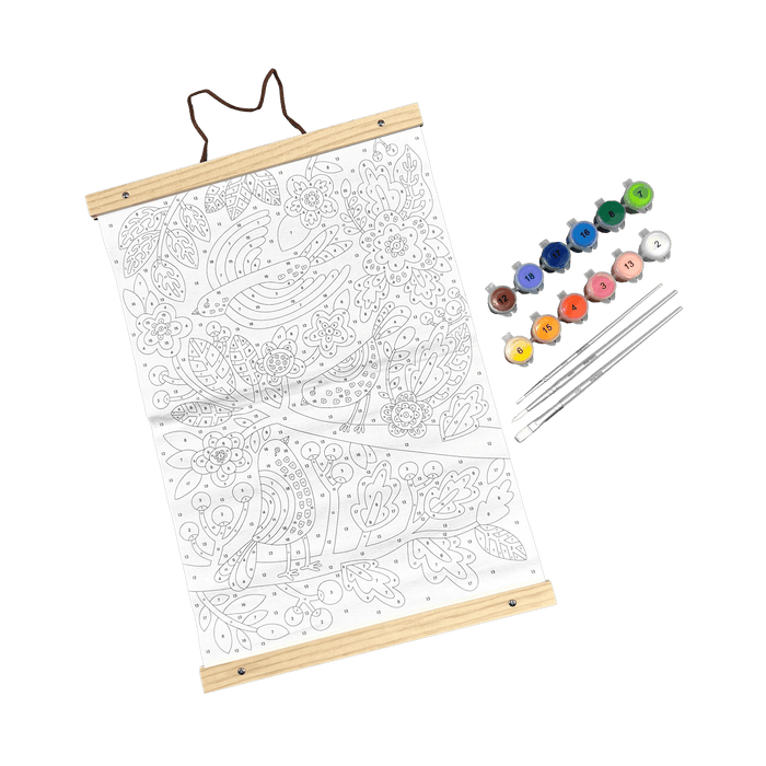 Blank canvas, paint tubs and paint brushes from OOLY Paintology Paint-By-Number Canvas Kit - Blue Birds