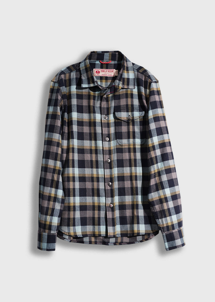 Plaid flannel shirt with blue, brown, and black checks, featuring a front pocket and buttons, laid flat on a white background.