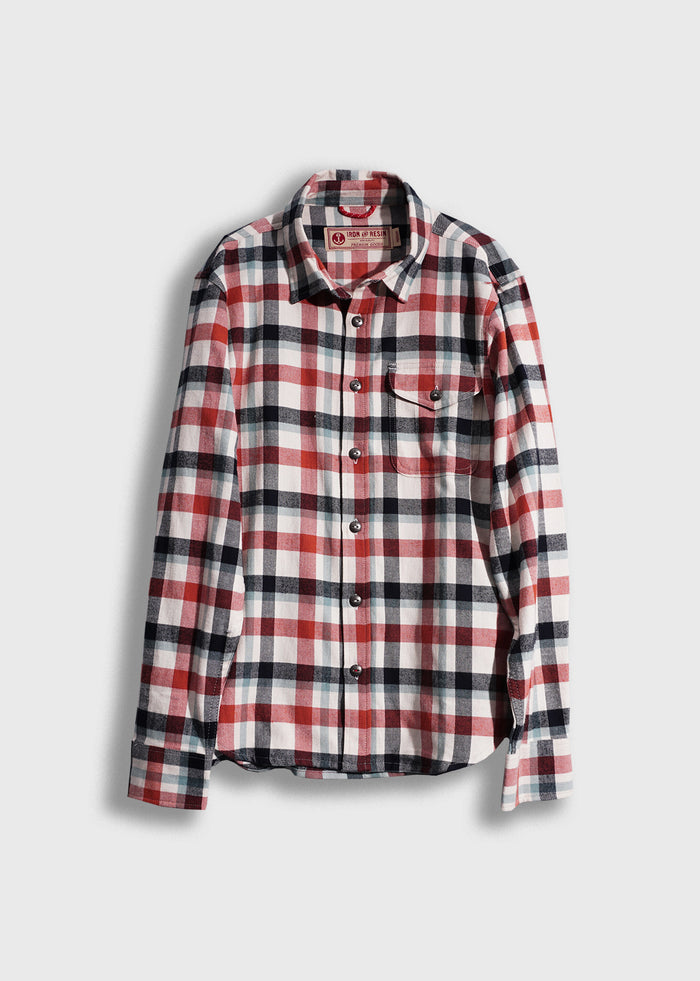Red, black, and white plaid flannel shirt with buttons and a single chest pocket, displayed on a plain white background.
