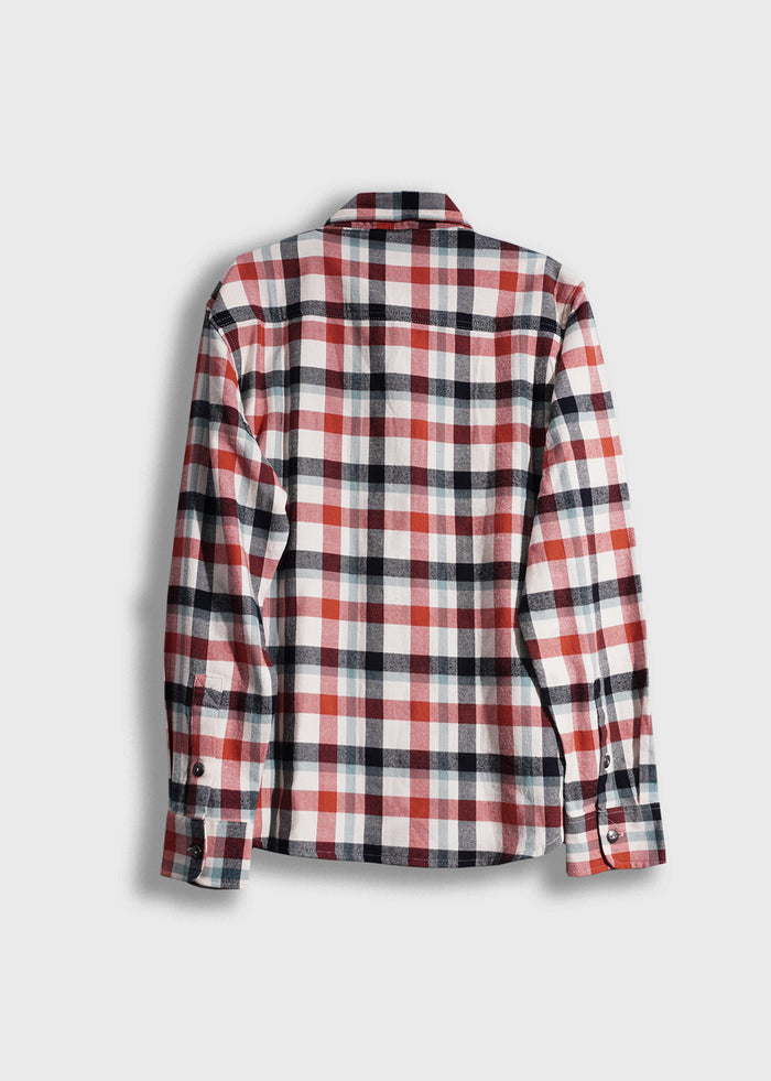 Red, black, and white plaid flannel shirt displayed from the back against a plain background, showcasing its pattern and design.