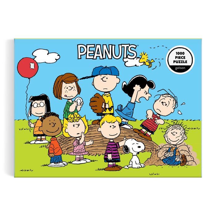 Peanuts fans and puzzle lovers will enjoy the Peanuts Baseball 1000 Piece Puzzle by Peanuts Worldwide LLC., featuring Charlie Brown, Snoopy, and friends playing baseball outdoors, with PEANUTS and 1000 PIECE PUZZLE on the box.