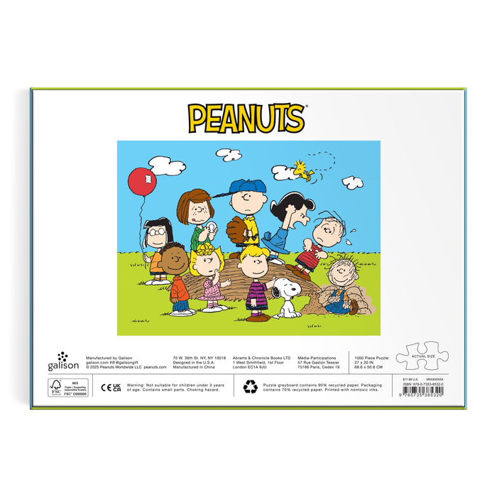 Box features the Peanuts Baseball 1000 Piece Puzzle by Peanuts Worldwide LLC., showing Charlie Brown, Snoopy lounging on his doghouse, Woodstock flying above, and friends together on grass under a blue sky—ideal for Peanuts fans and puzzle lovers.
