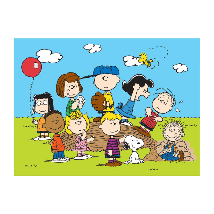 The Peanuts Baseball 1000 Piece Puzzle by Peanuts Worldwide LLC. features beloved characters like Charlie Brown and Snoopy playing outdoors on a sunny day—ideal for fans and puzzle lovers alike. One child holds a red balloon, another digs in the dirt.