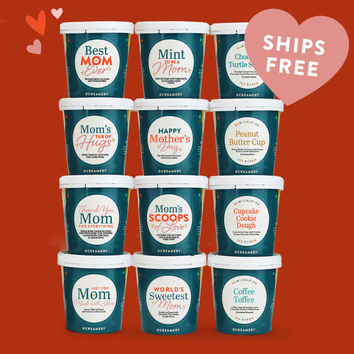 12 Pints of ice cream with Mother's Day titles on a red background featuring a "ships free" callout.