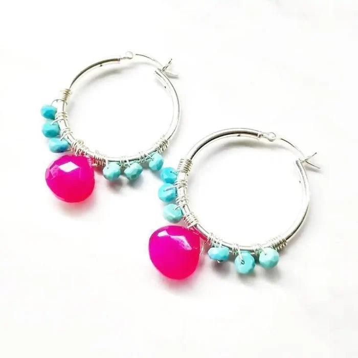 Pink and Sleeping Beauty Turquoise Silver Wire Hoop Earrings showcasing vibrant colors and handcrafted design.
