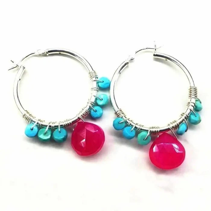 Pink and Sleeping Beauty Turquoise Silver Wire Hoop Earrings showcasing vibrant colors and unique design.