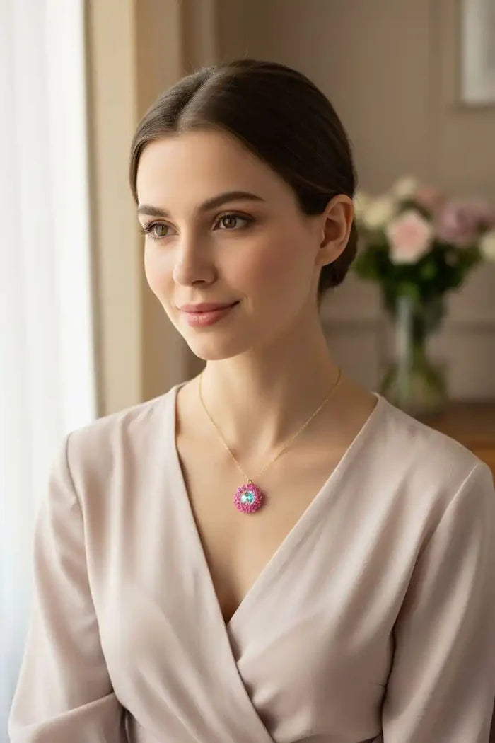 Pink Beaded Super Sparkly Rivoli Crystal Necklace worn by a model in a soft beige dress.