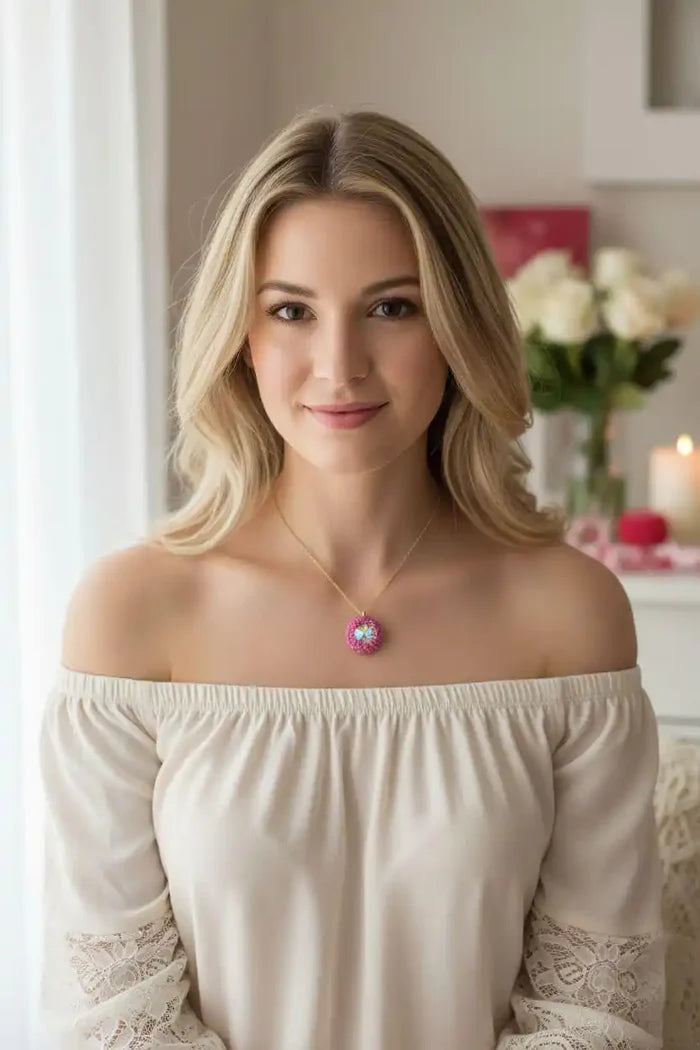 Model wearing a Pink Beaded Super Sparkly Rivoli Crystal Necklace, showcasing its elegance and design.