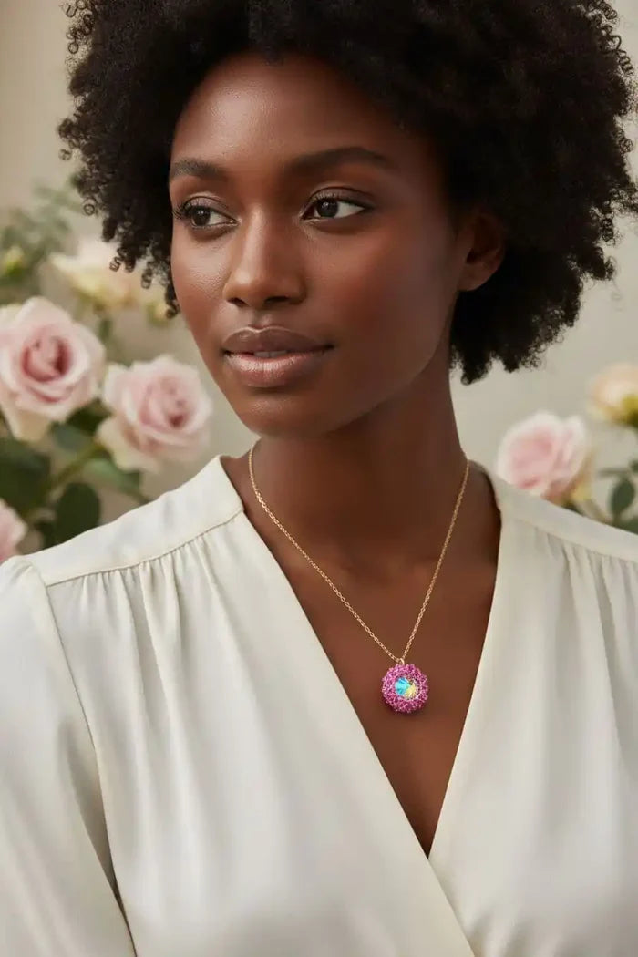 Model wearing a Pink Beaded Super Sparkly Rivoli Crystal Necklace, showcasing its stunning sparkle and elegant design.