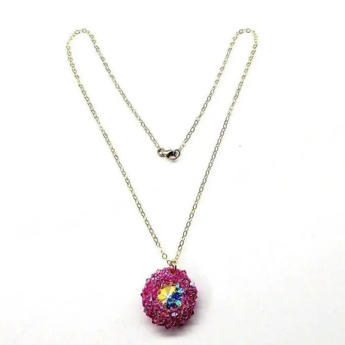 Pink Beaded Super Sparkly Rivoli Crystal Necklace on a delicate chain, featuring a vibrant pink beaded pendant.