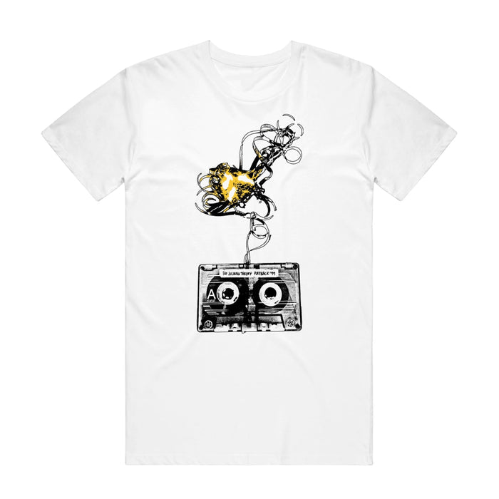 White short sleeve shirt with a drawing of a cassette tape in black and white. Above the cassette tape, the tape is coming out of the top and is all tangled.